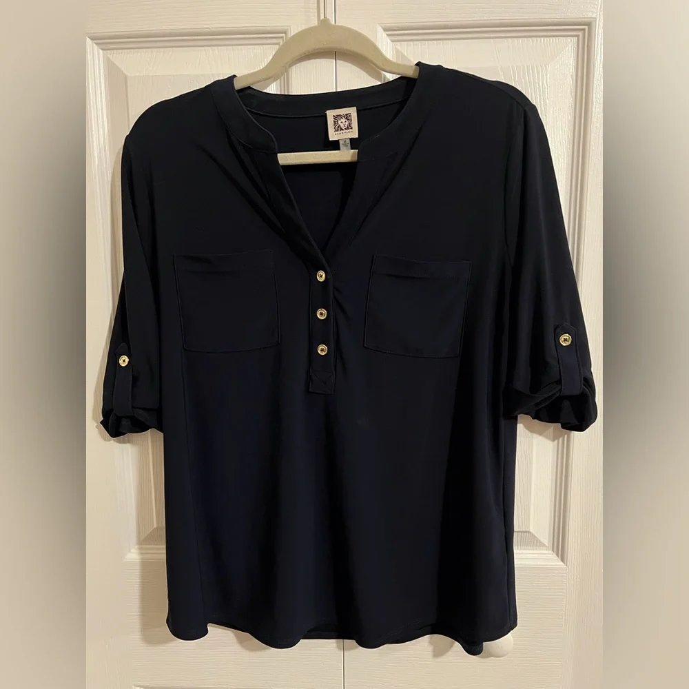 Anne Klein Navy Blue 3/4 Length Sleeve Top with Gold Buttons Size Medium - Picture 1 of 3